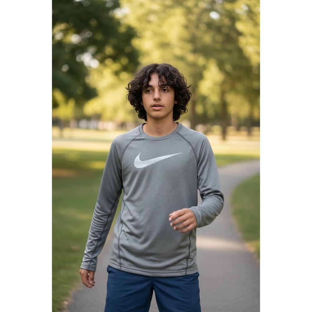 Nike‎ Pro Dri-FIT Kids Large Gray Long Sleeve Training Shirt Base Layer Swoosh